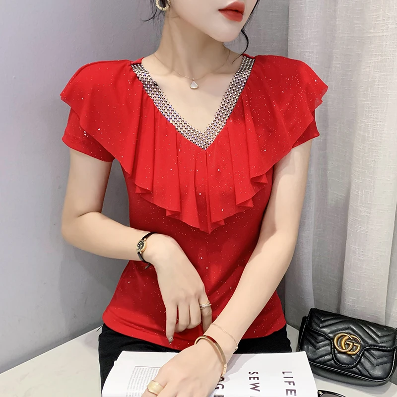 Summer Casual Ruffles Style Mesh T-Shirt Fashion Sexy V-Neck Mesh Hollow Out Shiny Diamonds Women Tops Hand Make Hot Tees 9121
Summer Casual Ruffles Style Mesh T-Shirt Fashion Sexy V-Neck Mesh Hollow Out Shiny Diamonds Women Tops Hand Make Hot Tees 9121