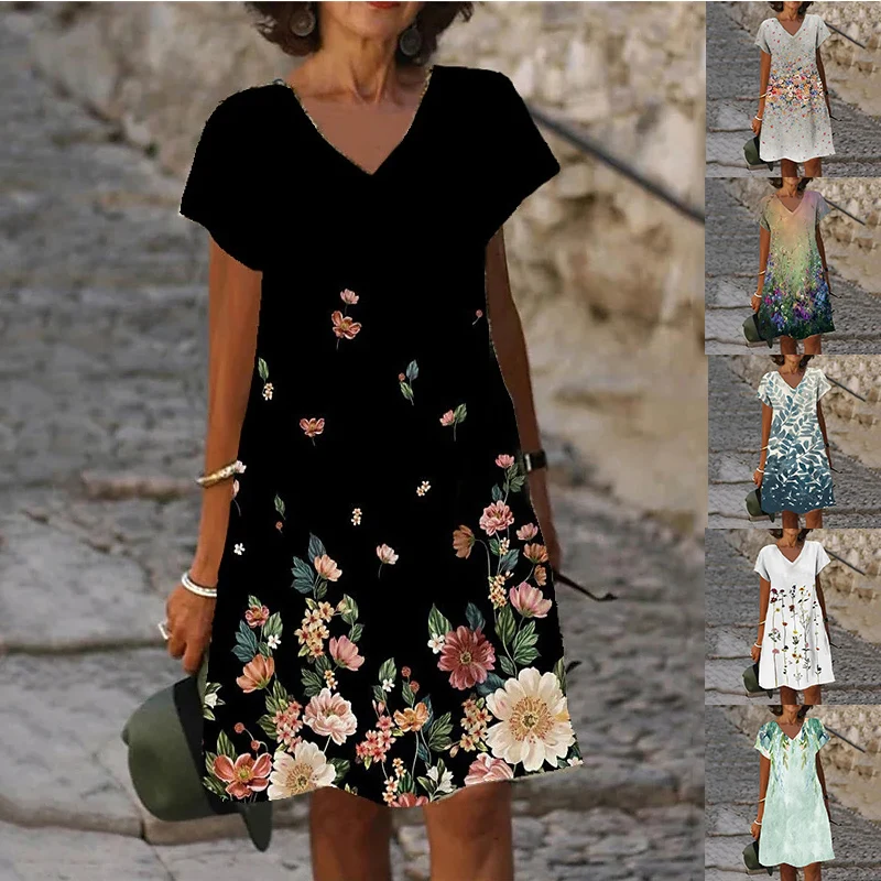 Women's Shift Dress Black Short Sleeve Floral Print Knee-Length Skirt Spring Summer V-Neck Fashion Casual Loose Skirt 2022
Women's Shift Dress Black Short Sleeve Floral Print Knee-Length Skirt Spring Summer V-Neck Fashion Casual Loose Skirt 2022
