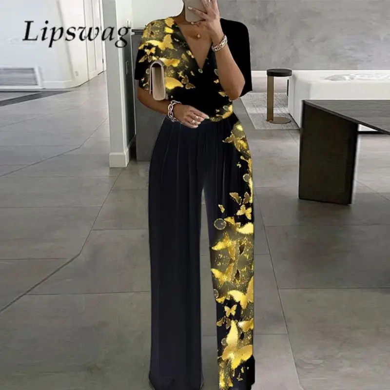 Summer V Neck Short Sleeve Waisted Rompers Fashion Print Splicing Wide Leg Playsuit Overall Elegant Solid Color Office Jumpsuit
Summer V Neck Short Sleeve Waisted Rompers Fashion Print Splicing Wide Leg Playsuit Overall Elegant Solid Color Office Jumpsuit