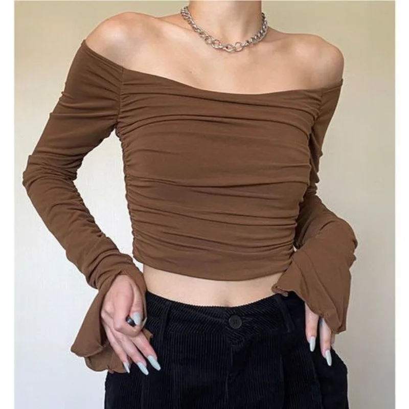 Slash Neck American Vintage Folds Camisetas Slim Fit Long Sleeve Tees Solid Sexy Hot Women Strapless Tshirts Crop Tops Ropa
Slash Neck American Vintage Folds Camisetas Slim Fit Long Sleeve Tees Solid Sexy Hot Women Strapless Tshirts Crop Tops Ropa