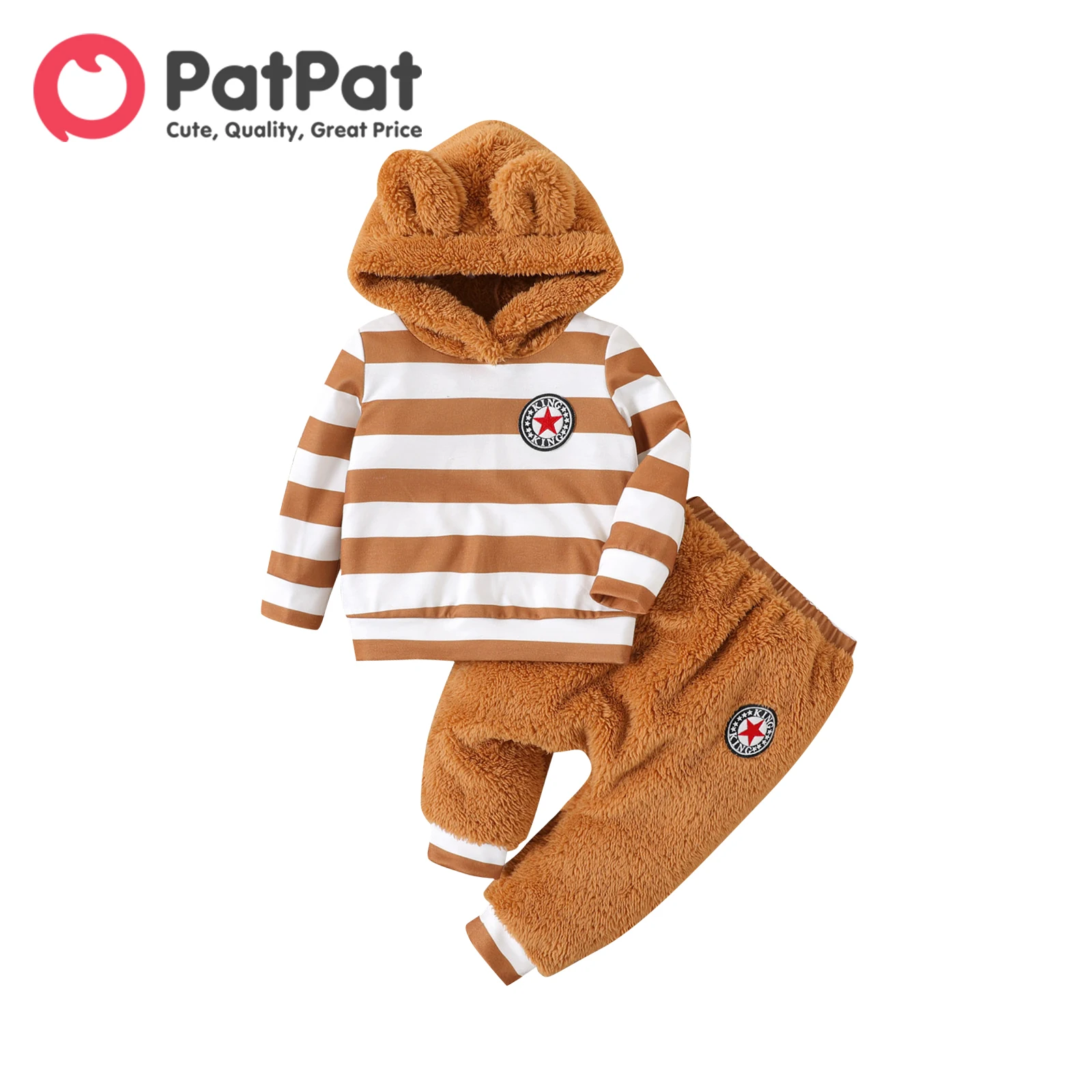 

PatPat 2pcs Baby Boy Star Badge Detail Striped Long-sleeve Spliced Fuzzy Hoodie and Pants Set