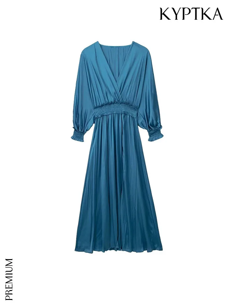 

KYPTKA Women Fashion Front Slit Pleated Satin Midi Dress Vintage Long Sleeve Elastic Waist Female Dresses Vestidos Mujer