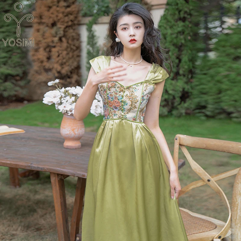 

YOSIMI Women Embroidery Dress 2022 Summer Vintage Olive Green A-line Patchwork Fit and Flare Mid-calf Short Sleeve Elegant Dress