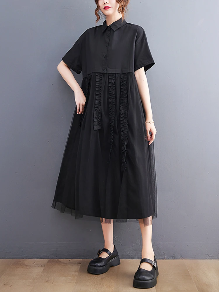 2023 Summer Korean Fashion Patchwork Mesh Blouse Woman Dress Vestidos Loose Plus Size Black Lapel Short Sleeve Shirt Dress Women
2023 Summer Korean Fashion Patchwork Mesh Blouse Woman Dress Vestidos Loose Plus Size Black Lapel Short Sleeve Shirt Dress Women