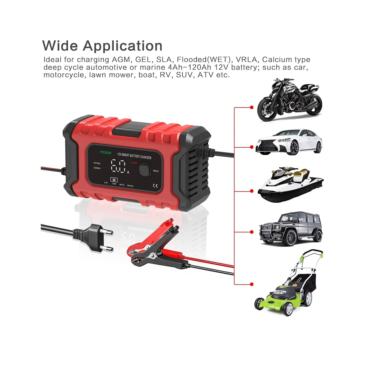FOXSUR Car Battery Charger 12V 6A for Automotive Electric Motorcycle Truck Car Battery Charger Repair Desulfator-EU Plug
FOXSUR Car Battery Charger 12V 6A for Automotive Electric Motorcycle Truck Car Battery Charger Repair Desulfator-EU Plug