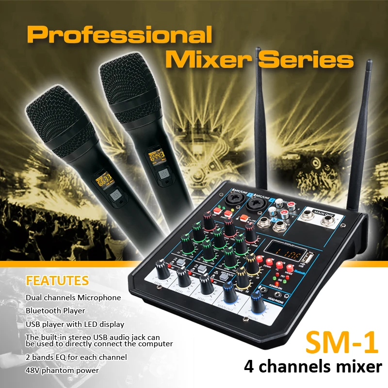4 Channel USB Audio Mixer Wireless Microphone Studio Sound with Bluetooth REC DJ Console Karaoke Podcast Mics New Mixing Good
4 Channel USB Audio Mixer Wireless Microphone Studio Sound with Bluetooth REC DJ Console Karaoke Podcast Mics New Mixing Good