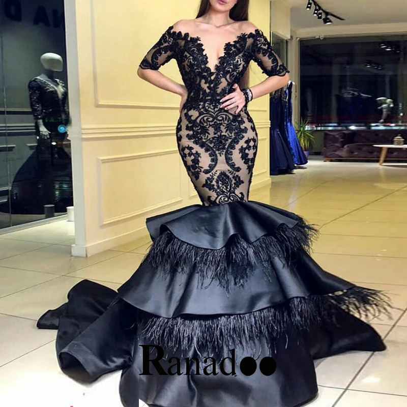 Mermaid Feather Lace Appliques Evening Dresses Tulle V Neck Half Sleeve Sweep Train Vestidos Robes De Soirée Personalised
Mermaid Feather Lace Appliques Evening Dresses Tulle V Neck Half Sleeve Sweep Train Vestidos Robes De Soirée Personalised