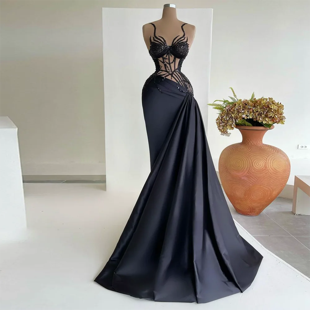 

Black Mermaid Sexy Evening Dress Sleeveless Shinny Sequined Pageant Gowns Formal Long Prom Party Dress Saudi Arabic Plus Zise