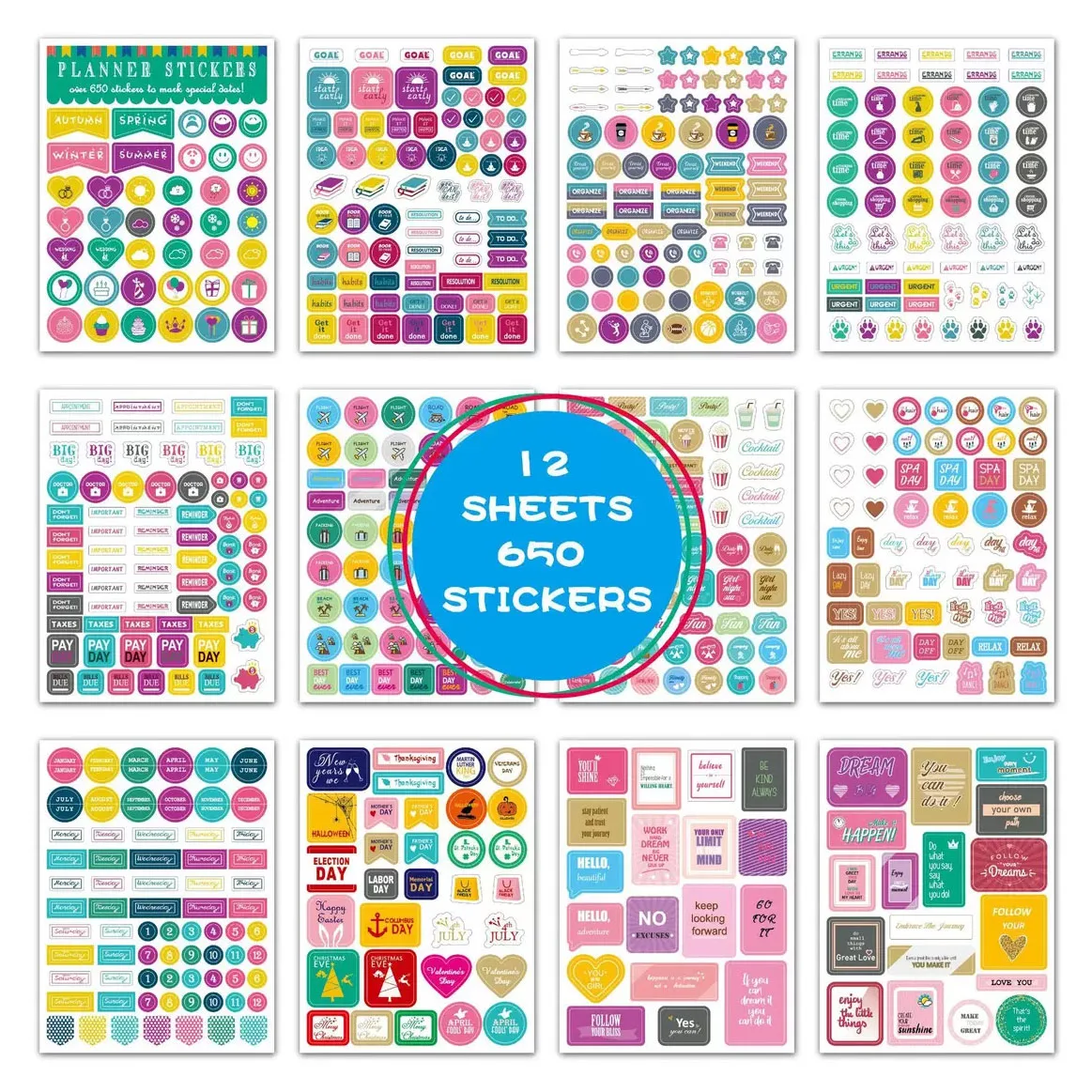 650 PCS Planner Stickers, Monthly Weekly Daily Stickers Decorative Stickers, Sticker Set for Work,School Plan,Calendar,Journal
650 PCS Planner Stickers, Monthly Weekly Daily Stickers Decorative Stickers, Sticker Set for Work,School Plan,Calendar,Journal