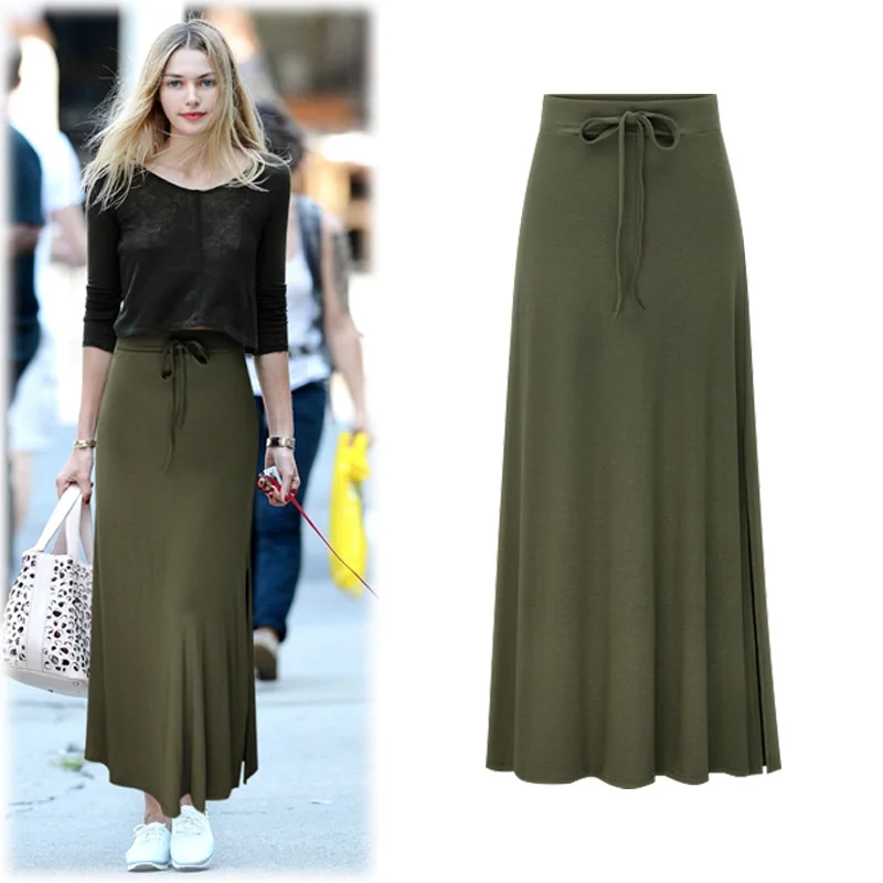 

European American Large Lladies Fashion Knitted Skirt 100kg L-4XL Elastic Knee High Waist Middle Length Slit A-line Skirt Women