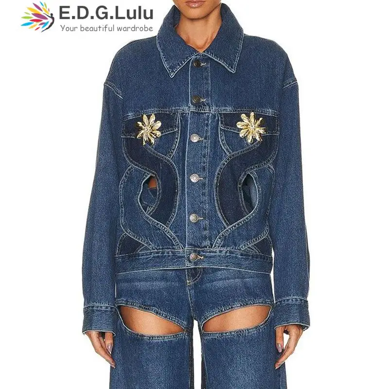 EDGLuLu New Arrival Jeans Coat Turn-Down Collar Long Sleeve Jacket Women Fashion Streetwear Flower Hollowed Denim Blazer 0713
EDGLuLu New Arrival Jeans Coat Turn-Down Collar Long Sleeve Jacket Women Fashion Streetwear Flower Hollowed Denim Blazer 0713