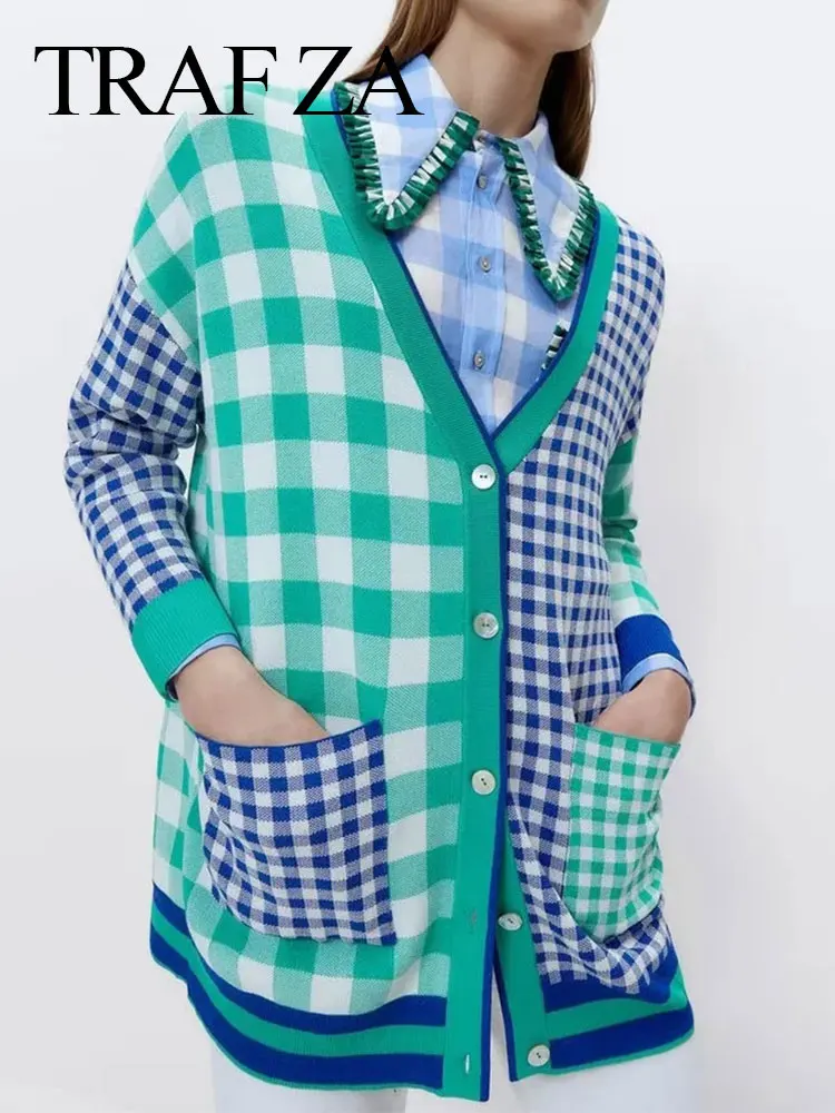 TRAF ZA Women's V Neck Knit Sweater Plaid Cardigan Vintage Contrast Pockets Loose Long Sleeve Button Cardigan Casual Autumn Tops
TRAF ZA Women's V Neck Knit Sweater Plaid Cardigan Vintage Contrast Pockets Loose Long Sleeve Button Cardigan Casual Autumn Tops
