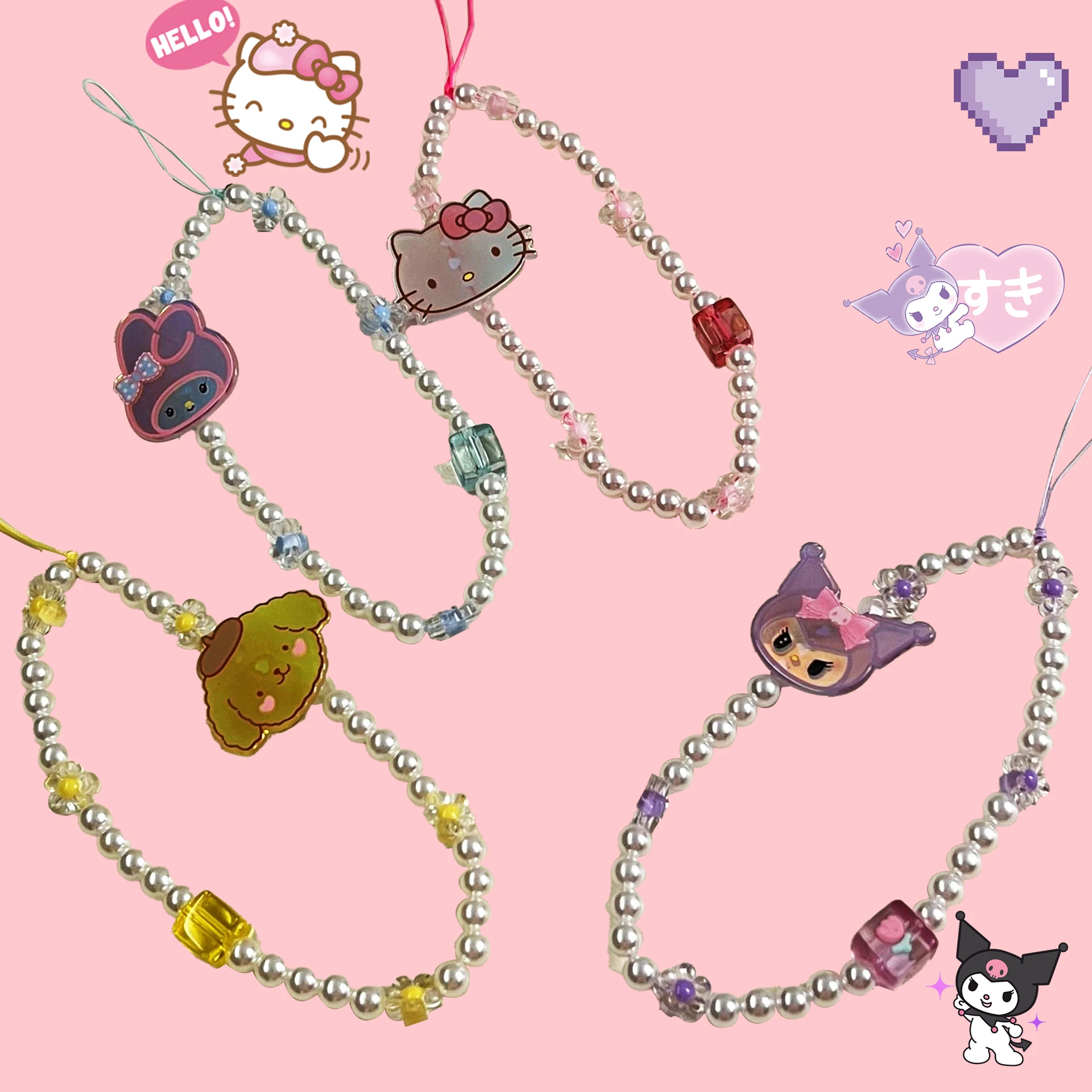 

Sanrioed Mobile Phone Chain Kawaii Anime My Melody Kuromi Hello Kitty Cute Ornaments Pearls Dashing Pretty Girls Gifts Cartoon