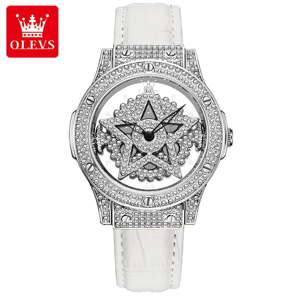 

OLEVS Women Watches 360° Rotate Dial Fashion Flash Diamonds Snowflake Wrist Watch for Ladies Leather Strap Waterproof Watch 9938