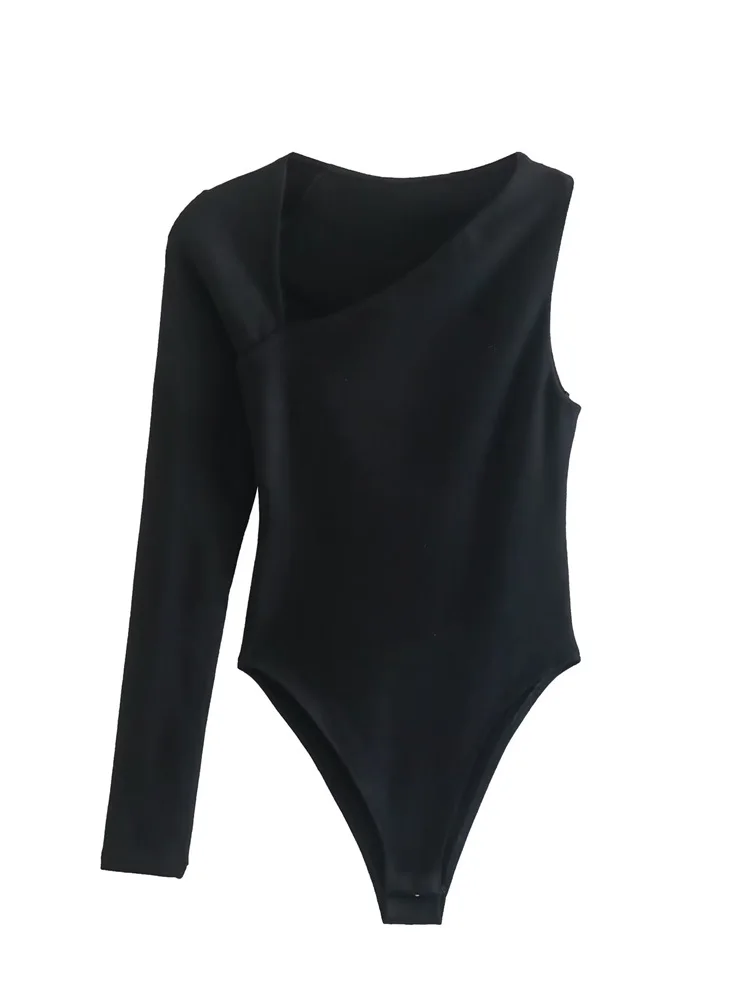 

MESTTRAF Sexy Design 2022 Women Black Asymmetric Bodysuits Vintage One Shoulder Long Sleeve Snap-Button Female Playsuits