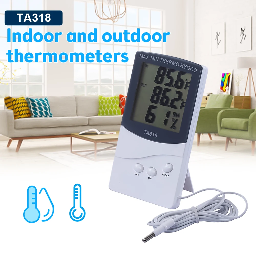 

LCD Max-Min Thermometer Hygrometer Digital Indoor Thermo Hygro Humidity Out Temperature Meter Probe Sensor Cable Weather Station