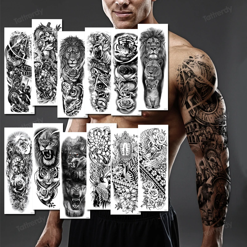 

Временные татуировки на всю руку для мужчин и женщин, пикантный боди-арт, большие тату-наклейки, черный Лев, тигр, король, королева, с животны...