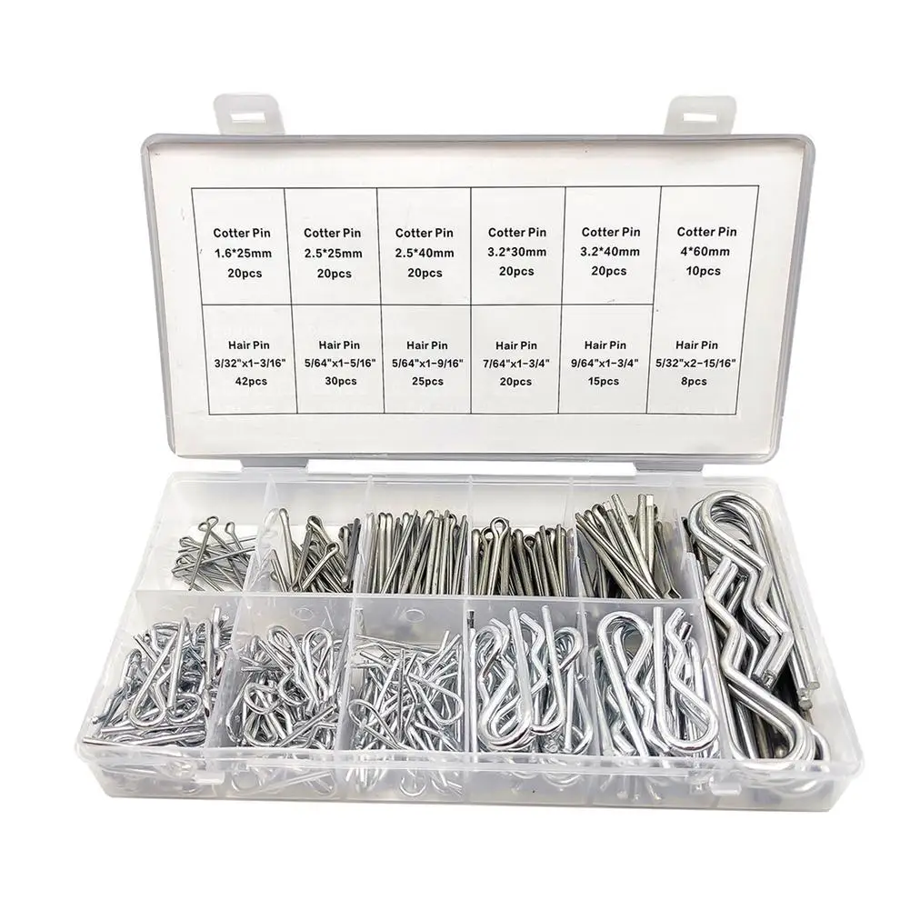 Professional 250pcs Cotter Pin R Type Pin Assortment Kit Multiple Sizes Zinc Plated Steel Hitch Clip Pins Fastener Set
Professional 250pcs Cotter Pin R Type Pin Assortment Kit Multiple Sizes Zinc Plated Steel Hitch Clip Pins Fastener Set