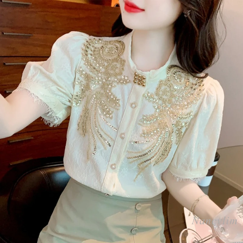 Heavy Industry Beads Diamond Stand Collar Short-Sleeved Lace Shirt Women's Summer New Design Top Fashion Blusas Femme 2022
Heavy Industry Beads Diamond Stand Collar Short-Sleeved Lace Shirt Women's Summer New Design Top Fashion Blusas Femme 2022