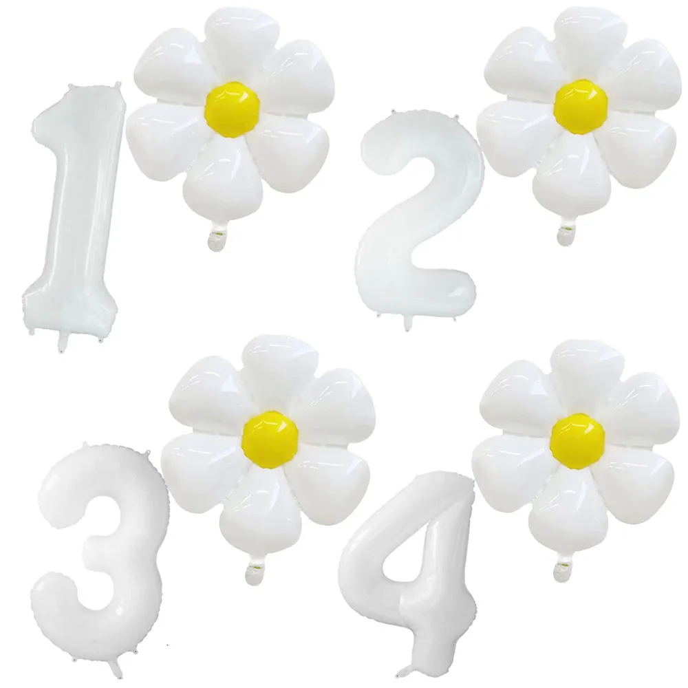 

32inch White Number and Daisy Flower Balloons Set Large Foil Mylar Balloons Birthday Decoration Wedding Giant Daisy Balloons