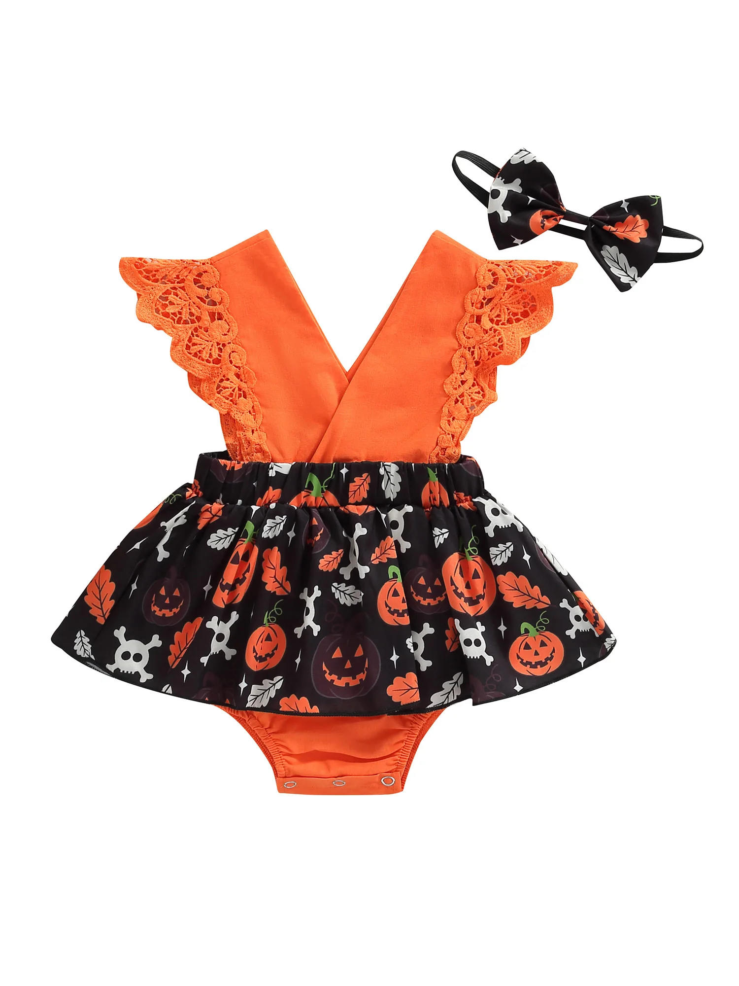 Baby Suit Set Skull Pumpkin Print V-Neck Patchwork Romper with Skirt Hem Headband for Girls 0-18 Months 
Baby Suit Set Skull Pumpkin Print V-Neck Patchwork Romper with Skirt Hem Headband for Girls 0-18 Months