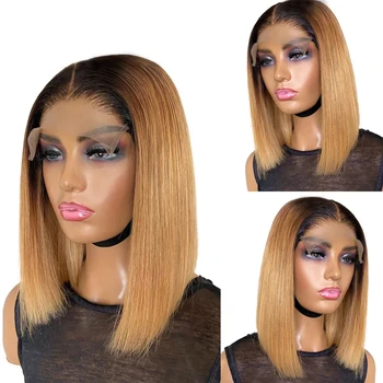 Short Ombre Honey Blonde Bob Wig With Baby Hair Honey Brown Straight Human Hair Wigs Lace Part 1b27 Brown Wigs For Black Women