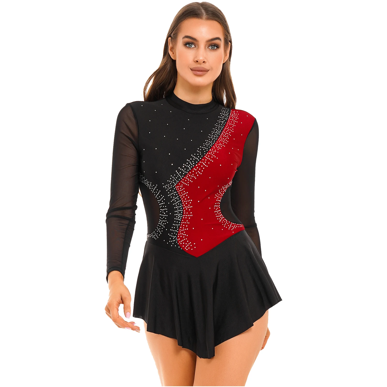 

Womens Sparkling Rhinestone Ballet Dress Mesh Long Sleeve Figure Ice Skating Dresses Cutout Back Leotard Gymnastic Dancewear