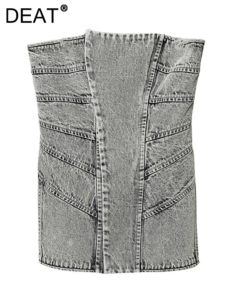 

DEAT Women's Denim Short Tank Tops Strapless Asymmetrical Spliced Zipper Do Old Color Camis 2023 Summer New Fashion 29L1198