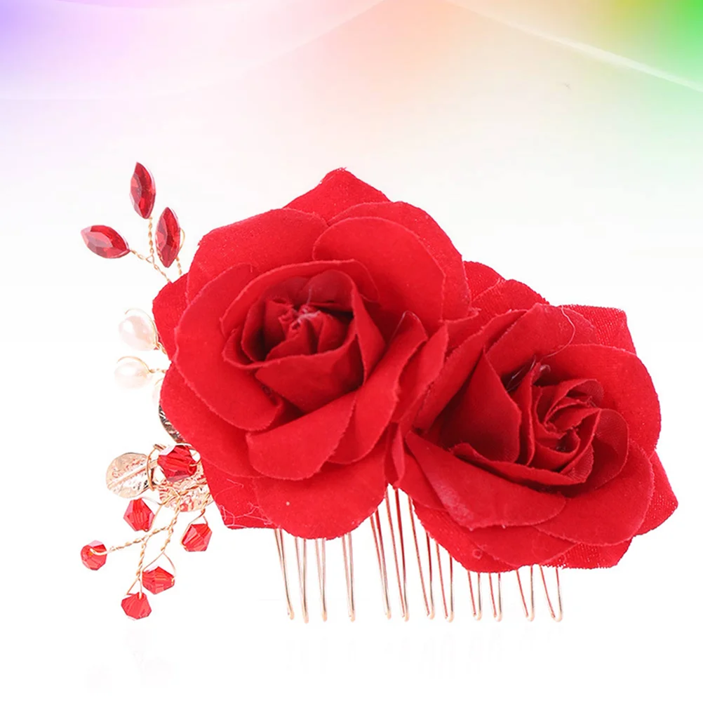 

Hair Flower Comb Rose Bridal Accessories Wedding Floral Clips Clip Hairpin Headpiece Bride Brides Women Artificial Red Silk