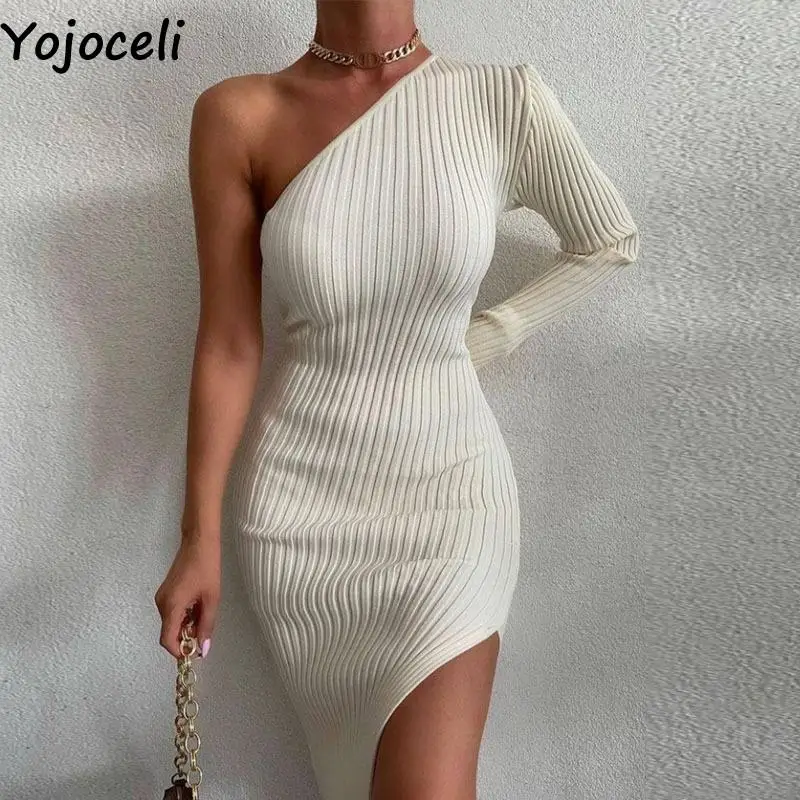 Yojoceli Autumn women one shoulder knitted dress Knee length split club sweater dress Winter party bodycon knitting dress
Yojoceli Autumn women one shoulder knitted dress Knee length split club sweater dress Winter party bodycon knitting dress
