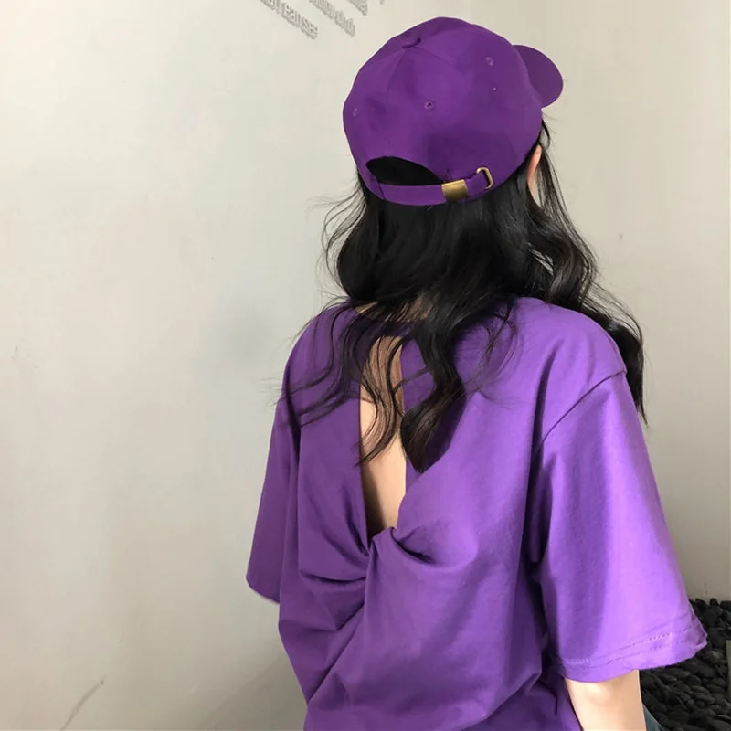#1694 Short Sleeve Sexy Backless T-shirt Women Casual Loose Cotton Tshirts Femme Summer College Style Tops Girls Black Purple
#1694 Short Sleeve Sexy Backless T-shirt Women Casual Loose Cotton Tshirts Femme Summer College Style Tops Girls Black Purple