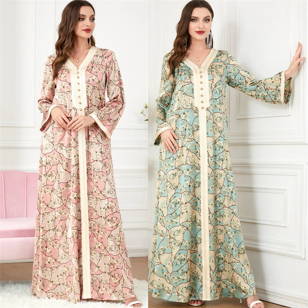 

Muslim Abaya Dubai Button Print Kaftan Long Dress 2023 Eid Ramadan Turkey Arab Oman Moroccan Caftan Islamic Clothing Robe Gown