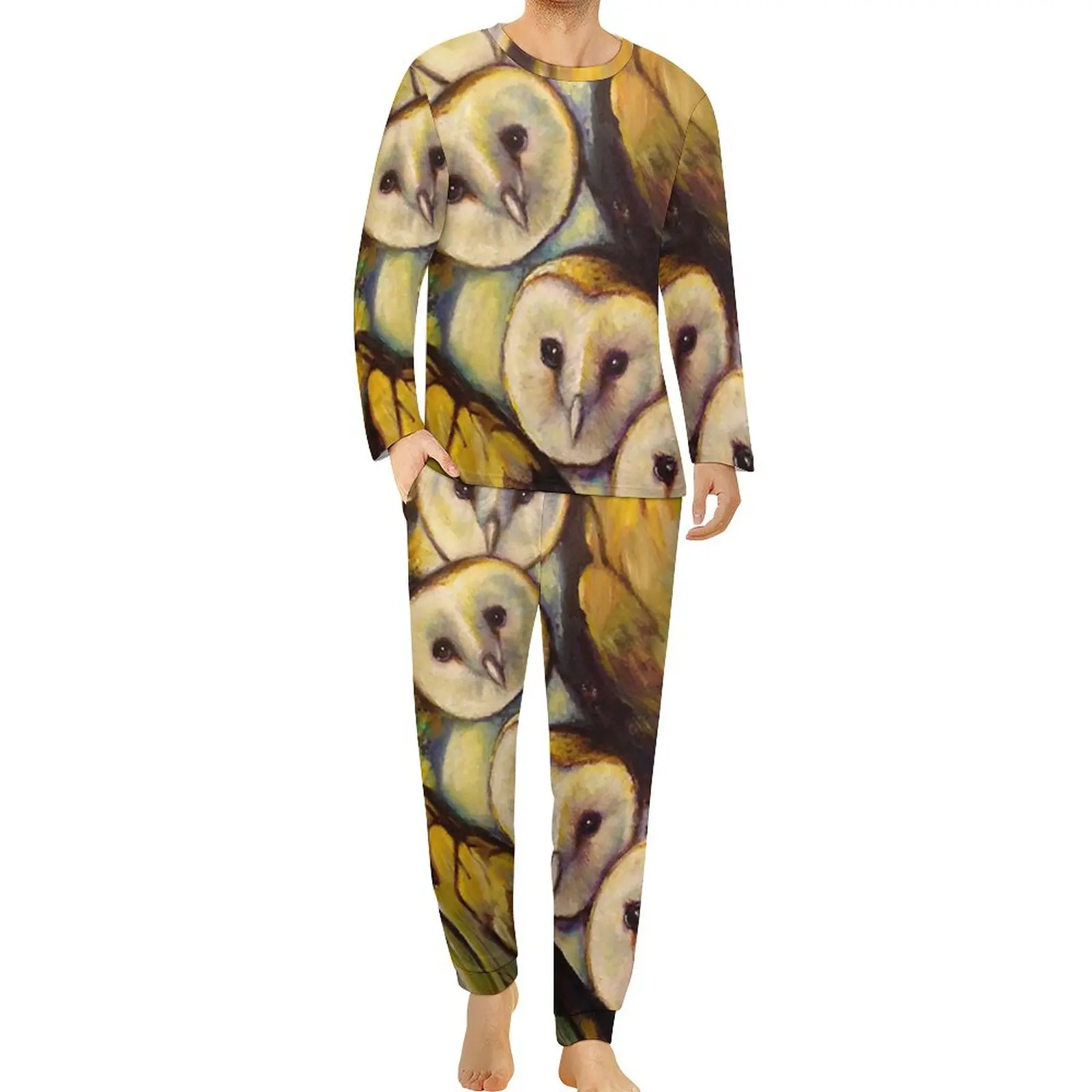 

Barn Owl Print Pajamas Abstract Animal Men Long Sleeves Fashion Pajama Sets Two Piece Casual Spring Graphic Nightwear Gift