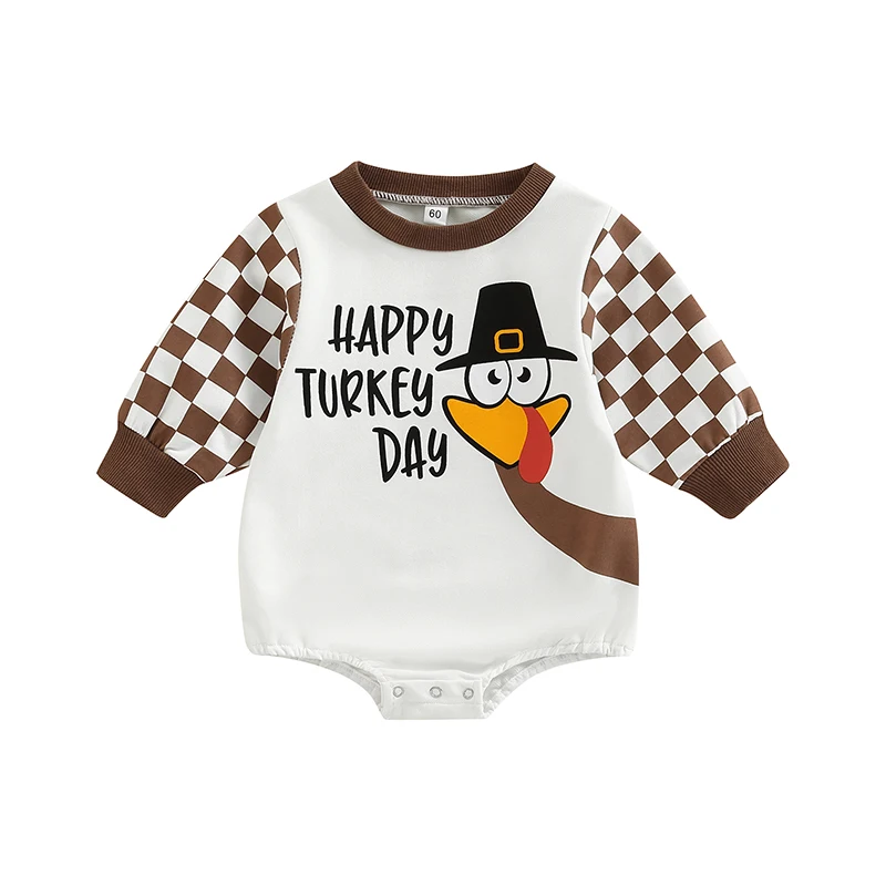 

Baby Romper, Checkerboard Letter Turkey Print Round Neck Long Sleeve Bodysuit for Girls Boys, 0-18 Months