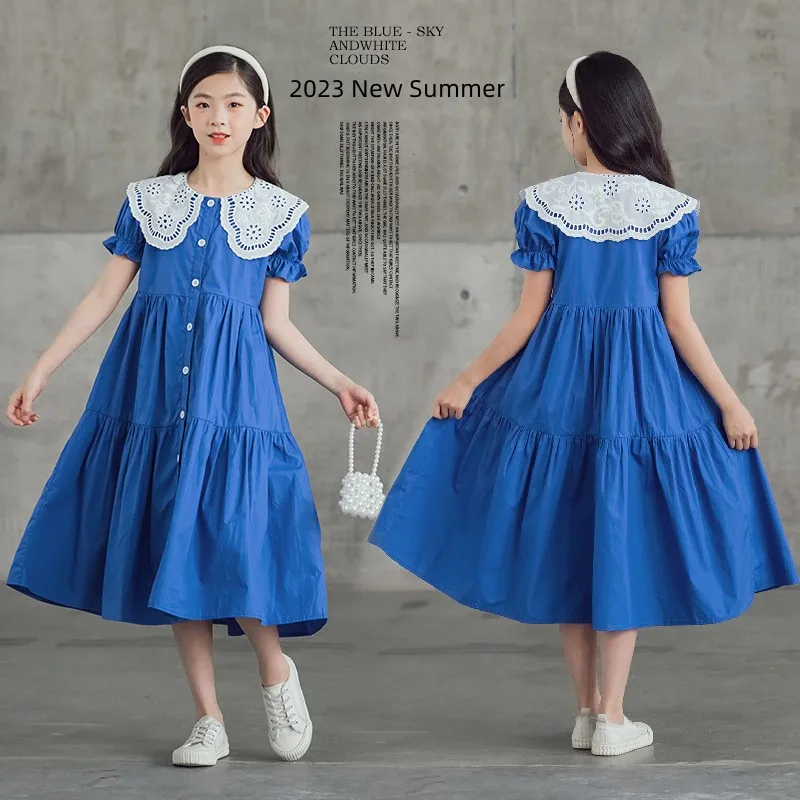 

Teens Summer Blue Dress for 5-14T Princess Girls Midi Length Dresses Children Lantern Short Sleeve Lace Collar Elegant Dresses 8