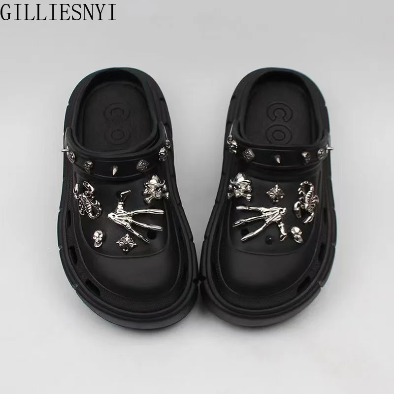 Women Summer Thick Sole Retro Fashion Rivet Hole Shoes Punk Goth Skull Metal Charms Platform Slippers EVA Sandals Ladies Slides
Women Summer Thick Sole Retro Fashion Rivet Hole Shoes Punk Goth Skull Metal Charms Platform Slippers EVA Sandals Ladies Slides