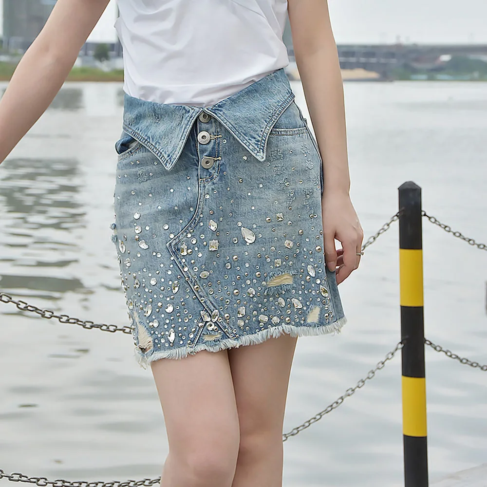 Fashion Womens Denim Skirt Summer New High Waist A Word Package Hip Short Skirt Heavy Work Paste Drill Mini Sexy One Step Skirt 
Fashion Womens Denim Skirt Summer New High Waist A Word Package Hip Short Skirt Heavy Work Paste Drill Mini Sexy One Step Skirt