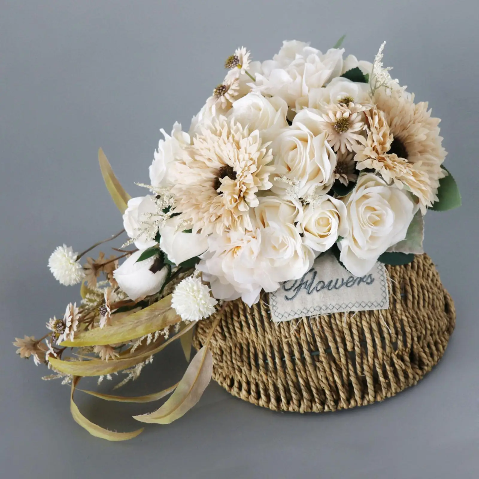 Wedding Bridal Bouquets Cream Color Rose, Sunflowers, Daisy and Leaves for Wedding Festival Decor
Wedding Bridal Bouquets Cream Color Rose, Sunflowers, Daisy and Leaves for Wedding Festival Decor