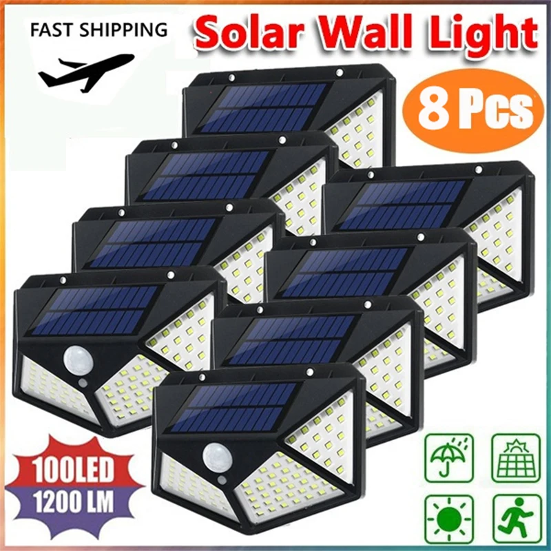 

2/4/6/8Pcs 100 LED Solar Wall Lights Outdoor Solar Lamp PIR Motion Sensor Solar Powered Sunlight Street Light for Garden Light