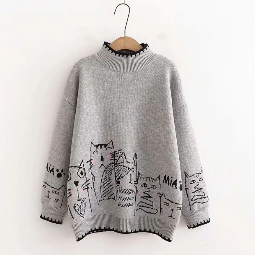 

Thick Korean Cartoon Sweater Women Loose Lazy Wind 2022 New Autumn and Winter Retro Hong Kong Flavor Half Turtleneck Pullover