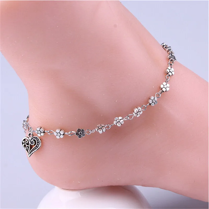 

Plum Blossom Bead Chain Anklet with Heart Charm Foot Chain Boho Beach Indie Jewelry for Women Girls Bracelet Barefoot Sandal