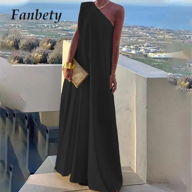 Fashion Solid Color One Shoulder Loose Dress Summer Sleeveless Holiday Party Dress Temperament Women's Slant Neck Beach Dresses
Fashion Solid Color One Shoulder Loose Dress Summer Sleeveless Holiday Party Dress Temperament Women's Slant Neck Beach Dresses