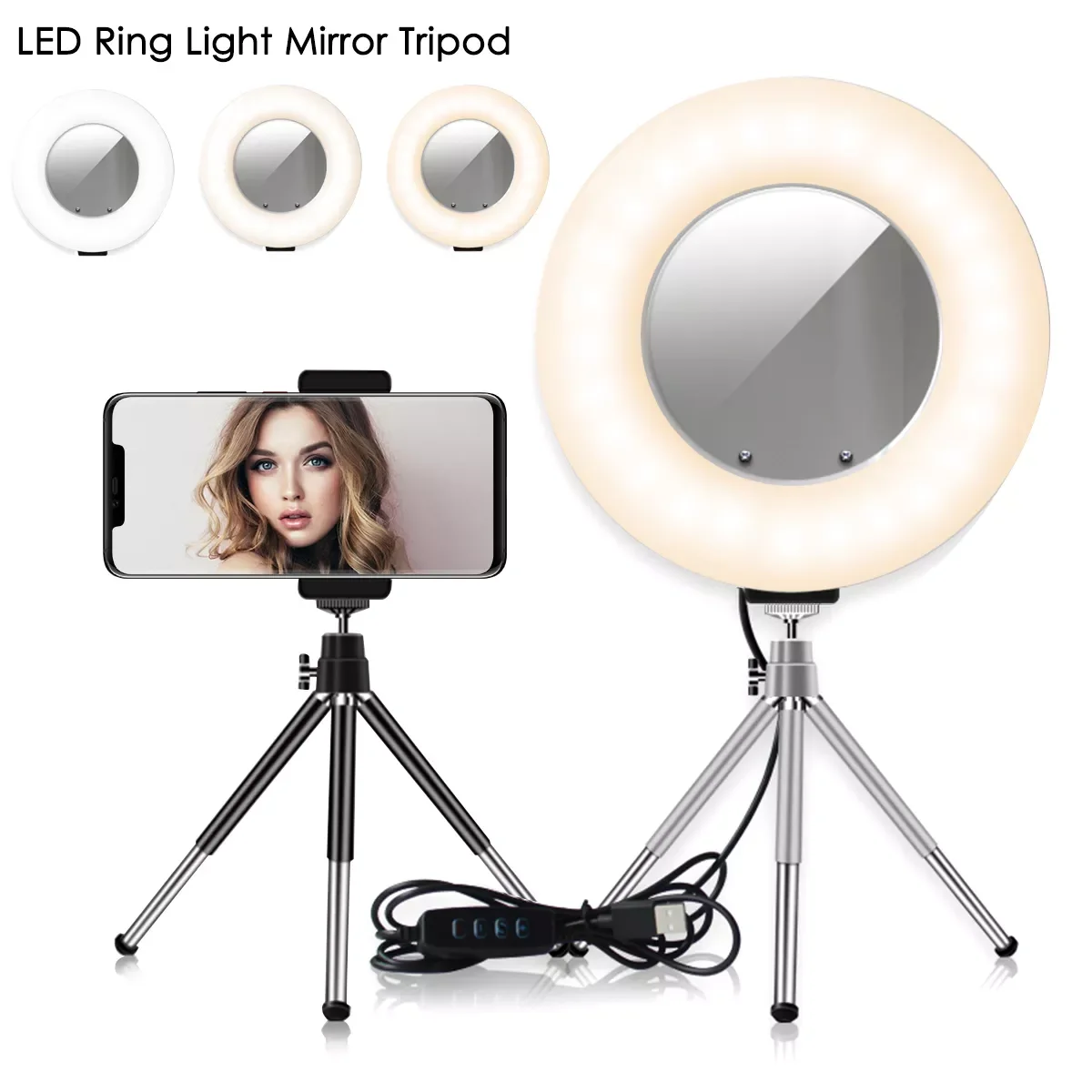 4 In 1 Dimmable LED Ring Light Table Top 5W USB Charging With Mirror Tripod Stand Cell Holder For Live Studio Makeup
4 In 1 Dimmable LED Ring Light Table Top 5W USB Charging With Mirror Tripod Stand Cell Holder For Live Studio Makeup