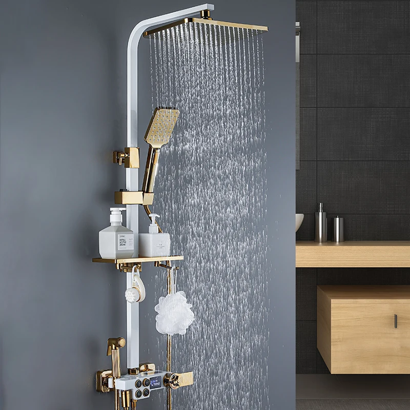 

White Gold Shower System Set Digital Display Rainfall Faucet Bathroom Thermostatic Shower Mixer Taps Wall Mount SPA Rain Bathtub