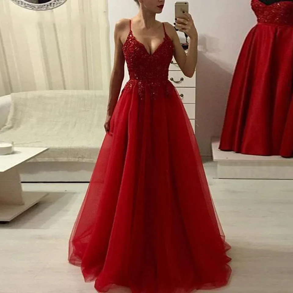 New Fashion 2022 Sexy V Neck Lace Applique Beaded Custom made Red A Line Tulle Formal Prom Evening Dresses
New Fashion 2022 Sexy V Neck Lace Applique Beaded Custom made Red A Line Tulle Formal Prom Evening Dresses