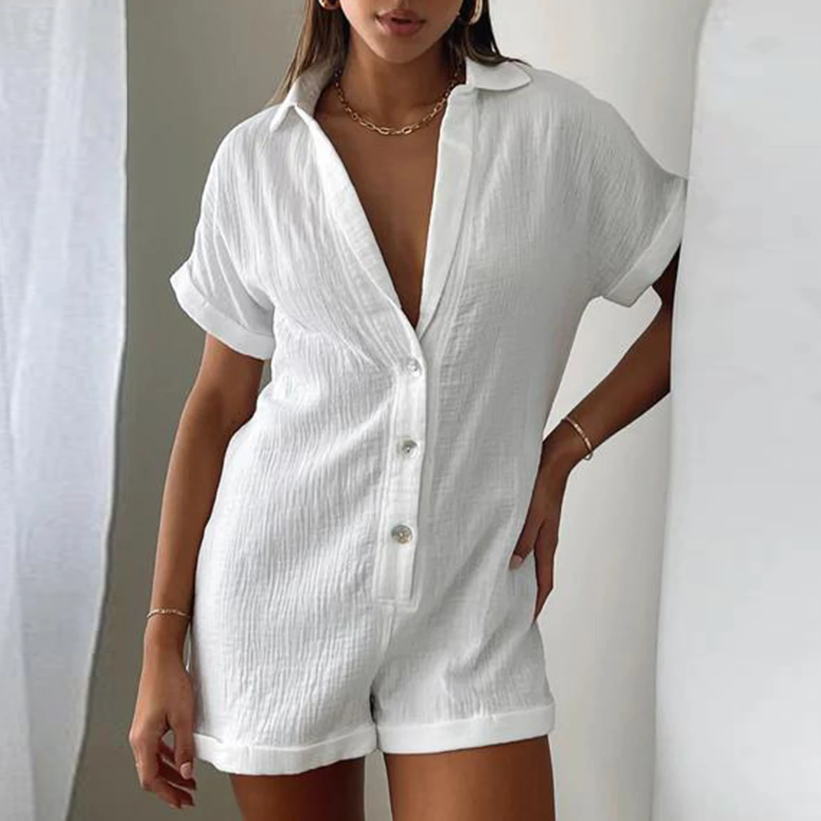 Ladies Turn Down Collar Short Sleeve Jumpsuit Single Breasted Women Summer One Piece Romper Solid Color Sexy Style Daily Outfit
Ladies Turn Down Collar Short Sleeve Jumpsuit Single Breasted Women Summer One Piece Romper Solid Color Sexy Style Daily Outfit