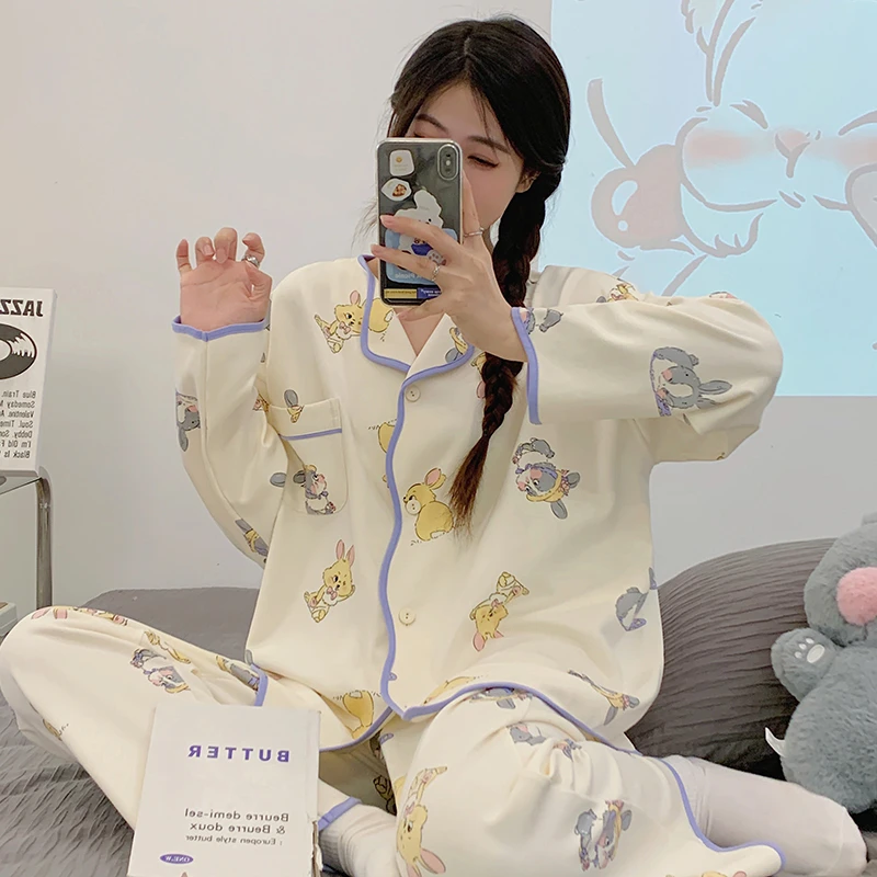 Autumn Women Pajama Sets Korean Loose Pijama Mujer 2PCS Sleepwear Cartoon Rabbit Print Lapel Homewear Pyjama Pijama Femme
Autumn Women Pajama Sets Korean Loose Pijama Mujer 2PCS Sleepwear Cartoon Rabbit Print Lapel Homewear Pyjama Pijama Femme
