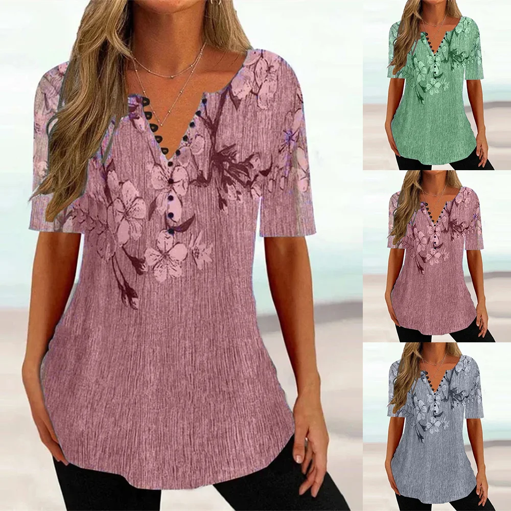 Women's T-shirt Flower Print Loose Leisure Summer Short Sleeve V-Neck Simple Tee Shirts With Flower Summer Women Clothing New
Women's T-shirt Flower Print Loose Leisure Summer Short Sleeve V-Neck Simple Tee Shirts With Flower Summer Women Clothing New