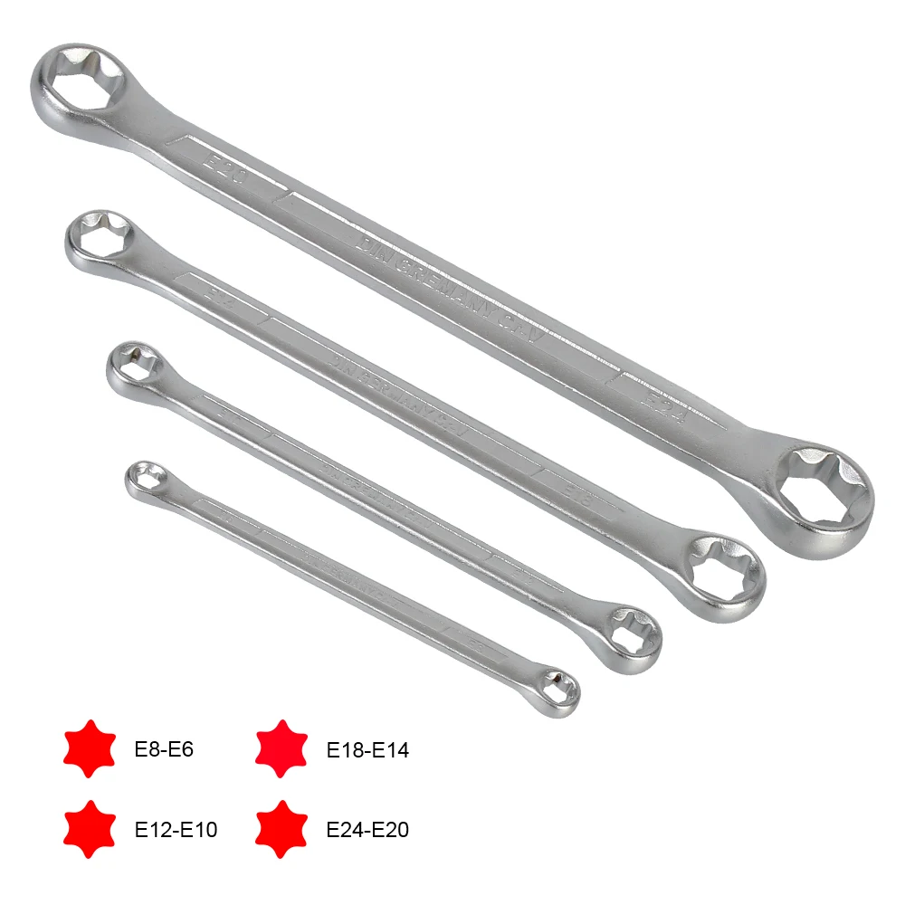 Double Ended Spanner Repair Tool 4Pcs Set E-type Sandblasting E6 E8 E10 E12 E14 E18 E20 E24 Torx Set E-Torx Box Wrench Set
Double Ended Spanner Repair Tool 4Pcs Set E-type Sandblasting E6 E8 E10 E12 E14 E18 E20 E24 Torx Set E-Torx Box Wrench Set