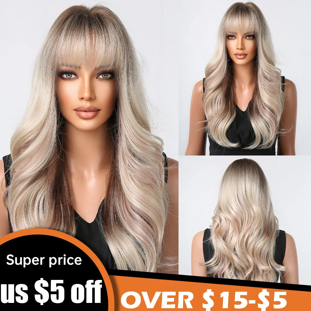 

Long Wavy Blonde Synthetic Wigs Platinum Ombre Wigs with Bangs for Black Women Daily Party Cosplay Natural Heat Resistant Fiber